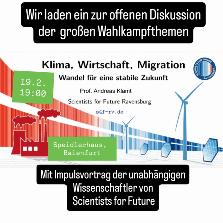 Impulsvortrag der unabhängigen Wissenschafter von Scientists for Future – Baienfurt Speidlerhaus – 19.02.25 – 19:00 Uhr